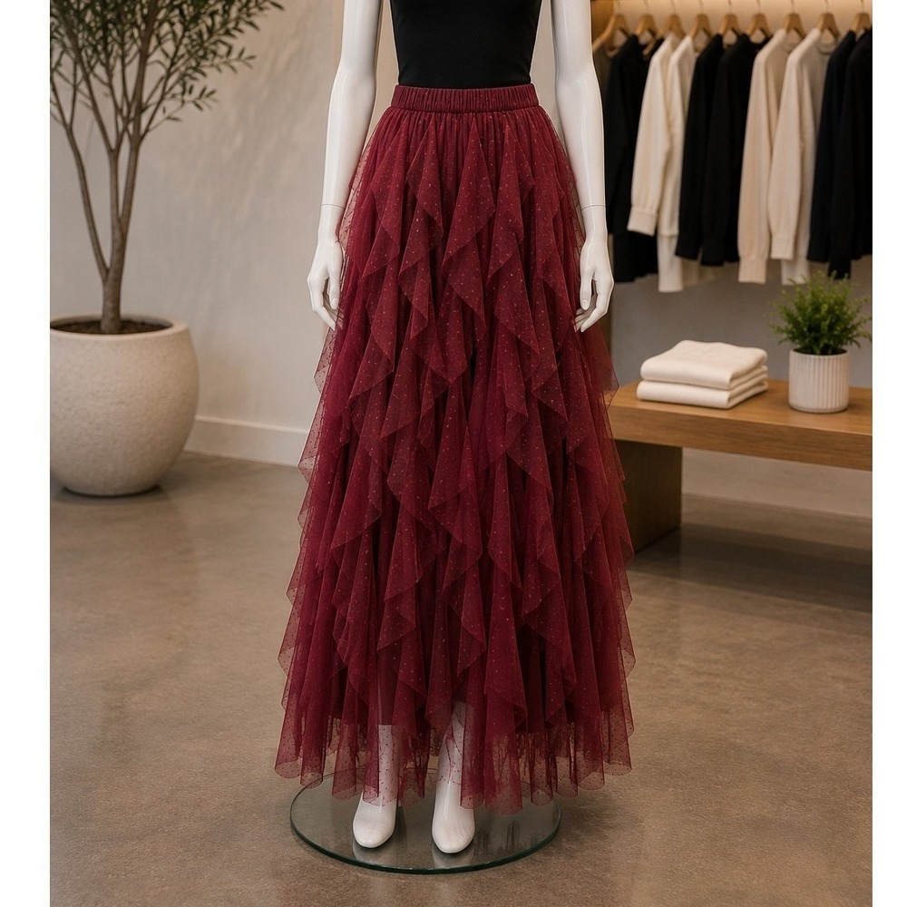 Arula Women Skirt Tiered Tulle Swiss Dot Mesh Burgundy Size A